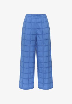 Blue wide-leg pants with an elastic waistband and a grid pattern of openwork lace detailing throughout.