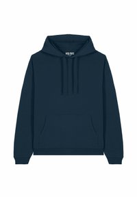 Haut à capuche bleu marine en tissu doux, doté d'une poche avant, d'une capuche avec cordon de serrage réglable et de poignets et d'un ourlet côtelés.