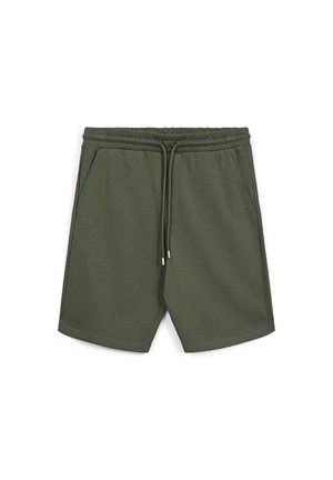 Pantaloni corti verde in cotone con cintura elastica e coulisse. Presentano tasche laterali e una texture morbida, adatti per un abbigliamento casual.