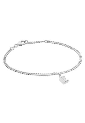 Silberarmband mit Karabinerverschluss und einem kleinen Anhänger in Form des Großbuchstabens "E".