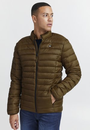 Dunkelolivgrüne Puffjacke mit hohem Kragen, Reißverschluss und horizontalen Steppungen. Verfügt über Seitentaschen und Logoplatzierung auf der Brust.