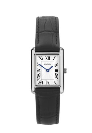 Rectangular silver wristwatch with black leather strap, white dial, blue hands, and black Roman numerals showing 10:10.