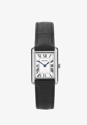 Rectangular silver wristwatch with black leather strap, white dial, blue hands, and black Roman numerals showing 10:10.
