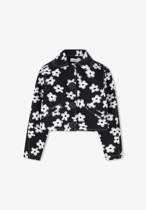 Giacca nera corta con motivo floreale bianco, chiusura a bottoni e due tasche frontali. Realizzata in tessuto strutturato con colletto strutturato.