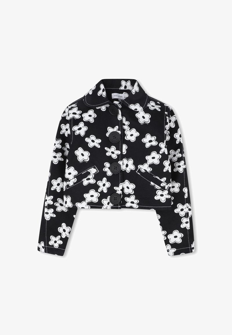 Veste noire raccourcie avec motif floral blanc, fermeture à boutons et deux poches avant. Confectionnée en tissu texturé avec un col structuré.