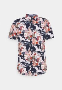 Korte mouwen overhemd met knopen, voorzien van een marineblauwe basis met kleurrijke bloemen- en kraanvogelpatronen, gemaakt van lichtgewicht stof met een gladde textuur.