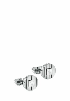 Coppia di gemelli rotondi in argento con strisce verticali e logo tridente inciso su una piastra quadrata centrale.