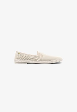 Lightweight slip-on shoes with a breathable beige mesh upper, elastic side panels, and a textured white rubber sole with a subtle design.