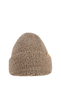 Brown fleece beanie hat with a cuffed edge and a small beige tag on the side against a white background.