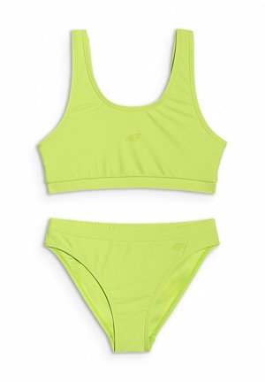 Dwuczęściowy kostium kąpielowy w kolorze limonkowym z topem z okrągłym dekoltem i dopasowanymi spodenkami bikini, obie części z subtelnym logo z przodu.