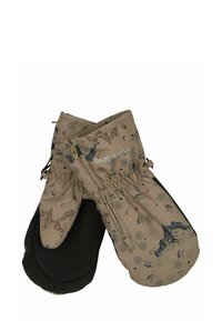 Manoplas beige con patrones de montañas azules y celestiales, con una palma texturizada negra. Muñeca elástica para un ajuste ceñido.