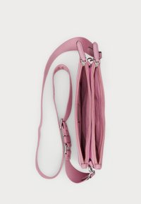 Pink leather handbag with two zippered compartments and an adjustable strap. Smooth texture, minimal hardware, and a slender design.