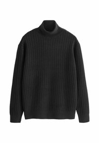 Pullover negru cu guler înalt, cu textură ribbed, croială lejeră, mâneci set-in și decolteu răsucit. Materialul pare moale și călduros.