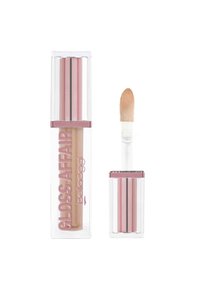 Lucidalabbra trasparente in un tubo trasparente, con accenti rosa e un applicatore a spugna. Il lucidalabbra ha una leggera tonalità beige.