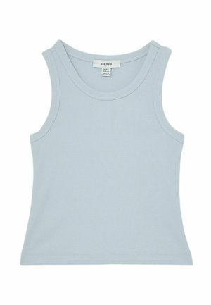 Hellblaues, geripptes Tanktop mit rundem Ausschnitt und breiten Schulterträgern, das eine eng anliegende Silhouette und eine strukturierte Stoffoberfläche aufweist.