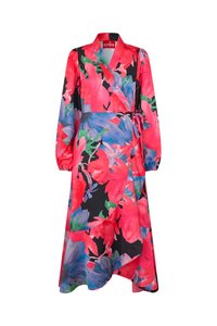 Gara ziedu raksta wrap kleita ar sarkaniem, rozā un ziliem zīmējumiem uz melna fona. Aprīkota ar šalles apkakli un jostas sasiešanas detaļu. Gluda auduma.