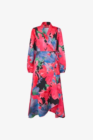Long floral wrap dress with red, pink, and blue patterns on a black background. Features a shawl collar and a tie waist detail. Smooth fabric.