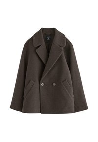 Cappotto doppio petto in misto lana marrone con rever a punte, due tasche frontali e dettagli con bottoni. Design strutturato con una vestibilità rilassata.