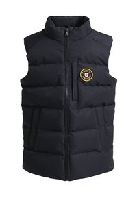 Gilet imbottito nero con colletto alto, dotato di zip frontale e tasca sul petto a sinistra con una toppa circolare etichettata "Zavetti Canada."