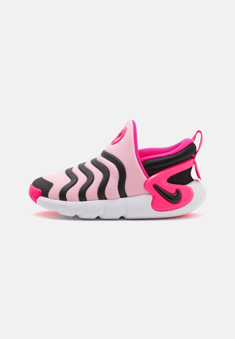 Pink slip-on sneaker with black wavy accents, vibrant pink details, and a white sole. Notable Nike logo on the heel and circular branding on the side.
