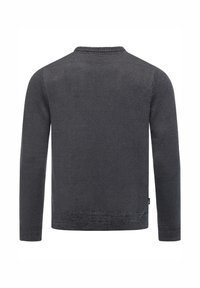 Strukturierter dunkelgrauer Strickpullover mit langen Ärmeln und Rundhalsausschnitt, ausgestattet mit einem gerippten Saum und detaillierten Bündchen.