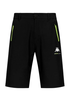 Shorts noirs jusqu’aux genoux avec poches zippées vert fluo, bouton et taille élastique, et logo Kappa blanc avec le texte « VR|46 Racing Team » sur la jambe droite.