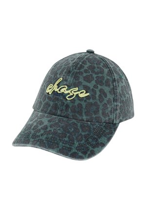 Dunkelgrüne Baseballkappe mit Leopardenmuster, gebogenem Schirm und gelber kursiver "chase" Stickerei vorne.