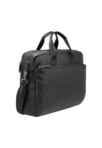 Borsa per laptop nera in pelle con due manici superiori, una tracolla removibile e una tasca frontale con zip. Presenta una texture liscia e una forma rettangolare.