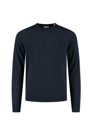 Tumedat sinised pikkade varrukatega sviitrid pehmest kangast, ümmarguse kaelusega, ribatud mansettidega ja lihtsa disainiga. Väike logo detail allääres.