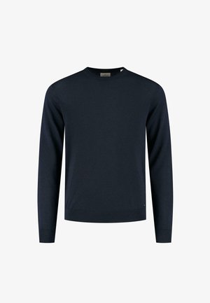 Marineblauer Langarmpullover aus weichem Stoff mit Rundhalsausschnitt, gerippten Manschetten und schlichter Optik. Kleines Logodetail am Saum.