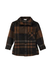 Geruite jas in zwart, bruin en grijs. Wolmix, met kraag, knoopsluiting, één borstzak en omslagmouwen.