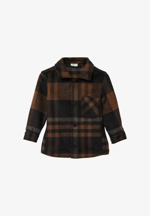 Veste à carreaux en noir, marron et gris. Mélange de laine, design à col, fermeture à boutons, une poche poitrine simple et manches avec revers.