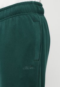 Tmavě zelené tepláky vyrobené z měkké tkaniny, s elastickým pasem a bočními kapsami. Logo značky je vyšitá ve stejném odstínu.