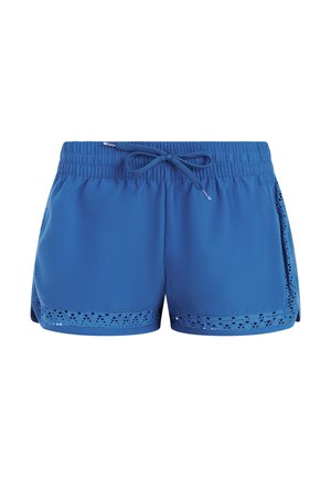 Blauwe sportshorts met elastische tailleband, voorvak met trekkoord en decoratieve geperforeerde rand langs de onderkanten en zijkanten.