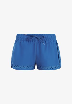 Blå atletikshorts med elastik i taljen, snøre foran og dekorativ perforeret kant langs de nederste kanter og sider.