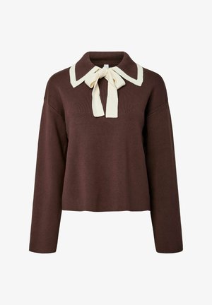 Bruine gebreide trui met een witte kraag en strik. Heeft lange mouwen en een losse pasvorm. Soepele textuur, eenvoudig design.