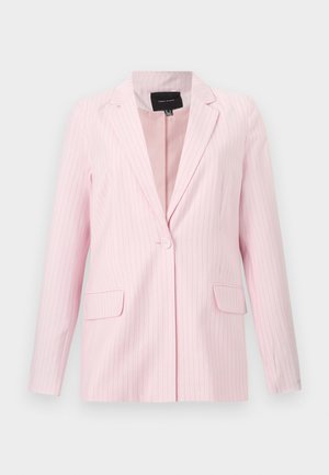 Gaiši rozā sieviešu žakete ar plānām vertikālām svītrām, ar izcilu atloku, vienu pogas aizdares veidu un divām priekšējām kabatām ar atloku.