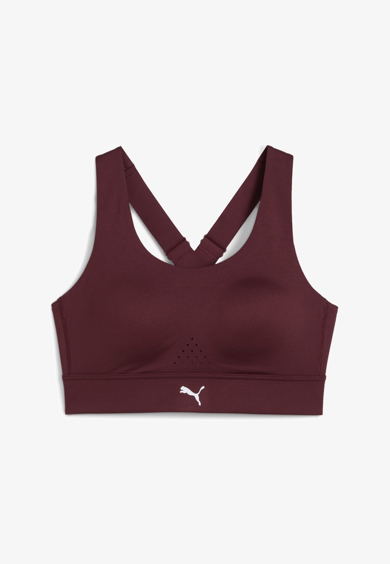 Reggiseno sportivo bordeaux con scollatura rotonda, spalline incrociate e dettagli in rete traspirante. Presenta un logo bianco all'orlo.