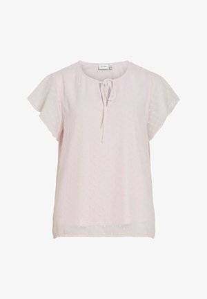 Gaiši rozā īss piedurkņu blūze ar smalku punktiņu tekstūru, apaļu kakla izgriezumu un priekšpuses mezgla detaļu.