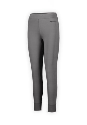 Leggings atletici grigi realizzati in tessuto elastico, con un alto bordo in vita e un sottile logo del marchio vicino alla vita. Texture liscia con design aderente.