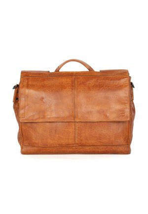 Mallette en cuir marron avec poignée supérieure, fermeture à rabat, panneaux cousus et un logo "S" embossé dans le coin inférieur droit.