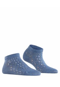 Skarpetki kostkowe w jasnoniebieskim kolorze z teksturowanym wzorem i ażurowymi detalami. Żebrowany mankiet poprawia dopasowanie i komfort.