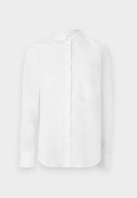 White long-sleeve button-up shirt with collar and front chest pocket featuring subtle embroidered design.