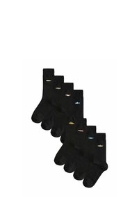 Calzini neri con ricami di pesci colorati in una varietà di design. Texture morbida, lunghezza fino al polpaccio, set di sei paia, colore uniforme.