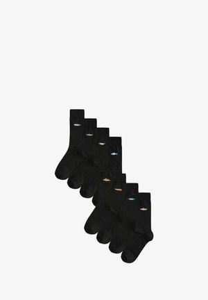 Chaussettes noires avec broderies de poissons colorés dans une variété de designs. Texture douce, longueur mi-mollet, ensemble de six paires, couleur uniforme.