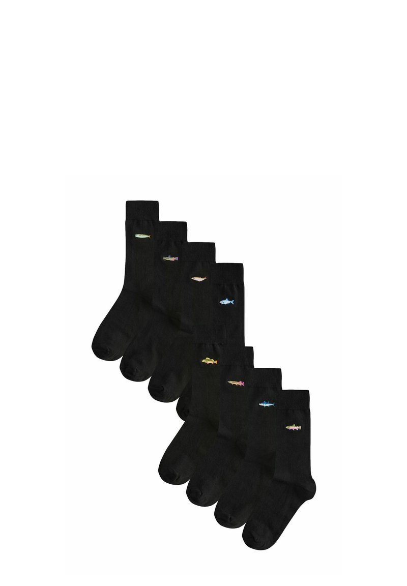 Calzini neri con ricami di pesci colorati in una varietà di design. Texture morbida, lunghezza fino al polpaccio, set di sei paia, colore uniforme.