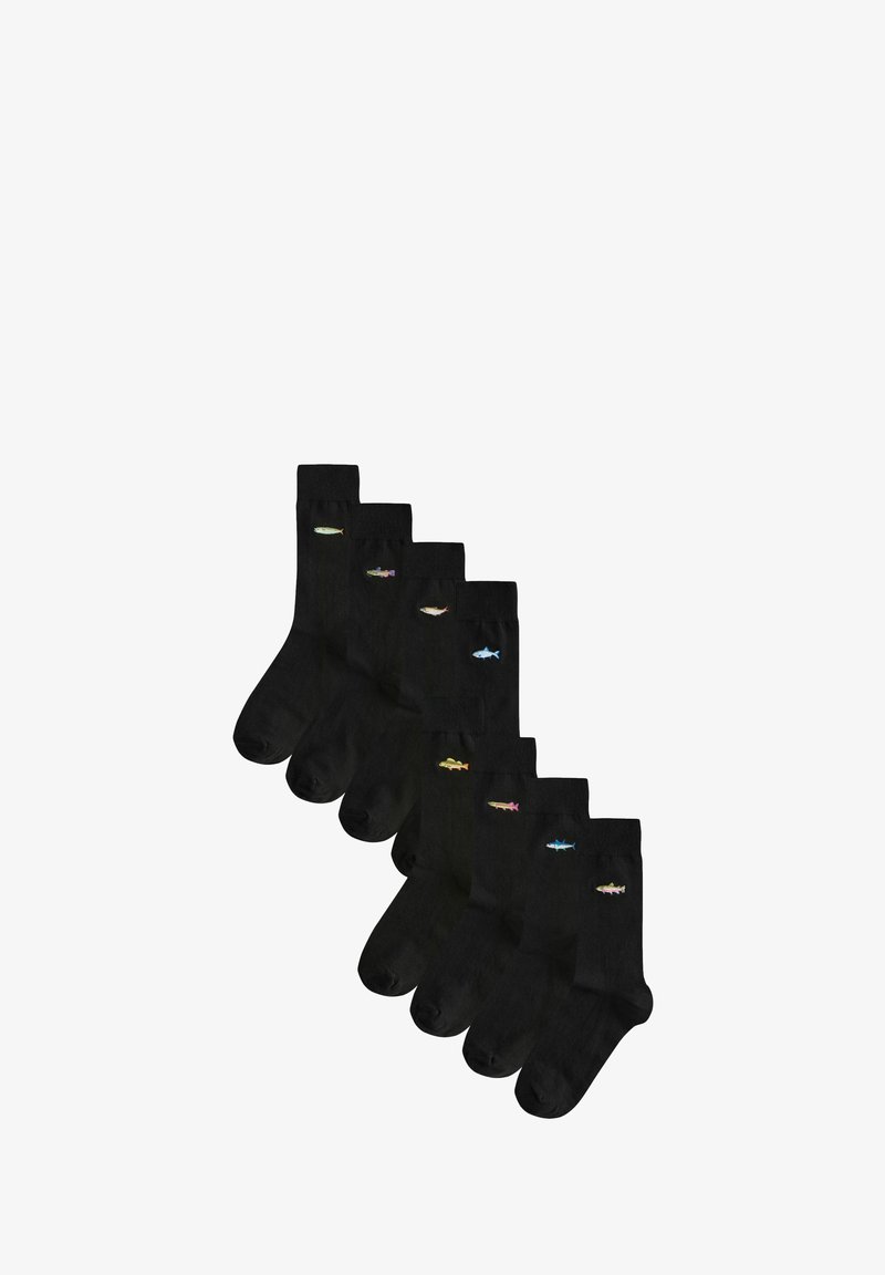 Calzini neri con ricami di pesci colorati in una varietà di design. Texture morbida, lunghezza fino al polpaccio, set di sei paia, colore uniforme.