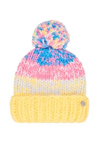 Gorro de punto con una banda ribeteada amarilla, parte superior colorida en rosa, azul y gris, con un pom-pom multicolor en la parte superior.