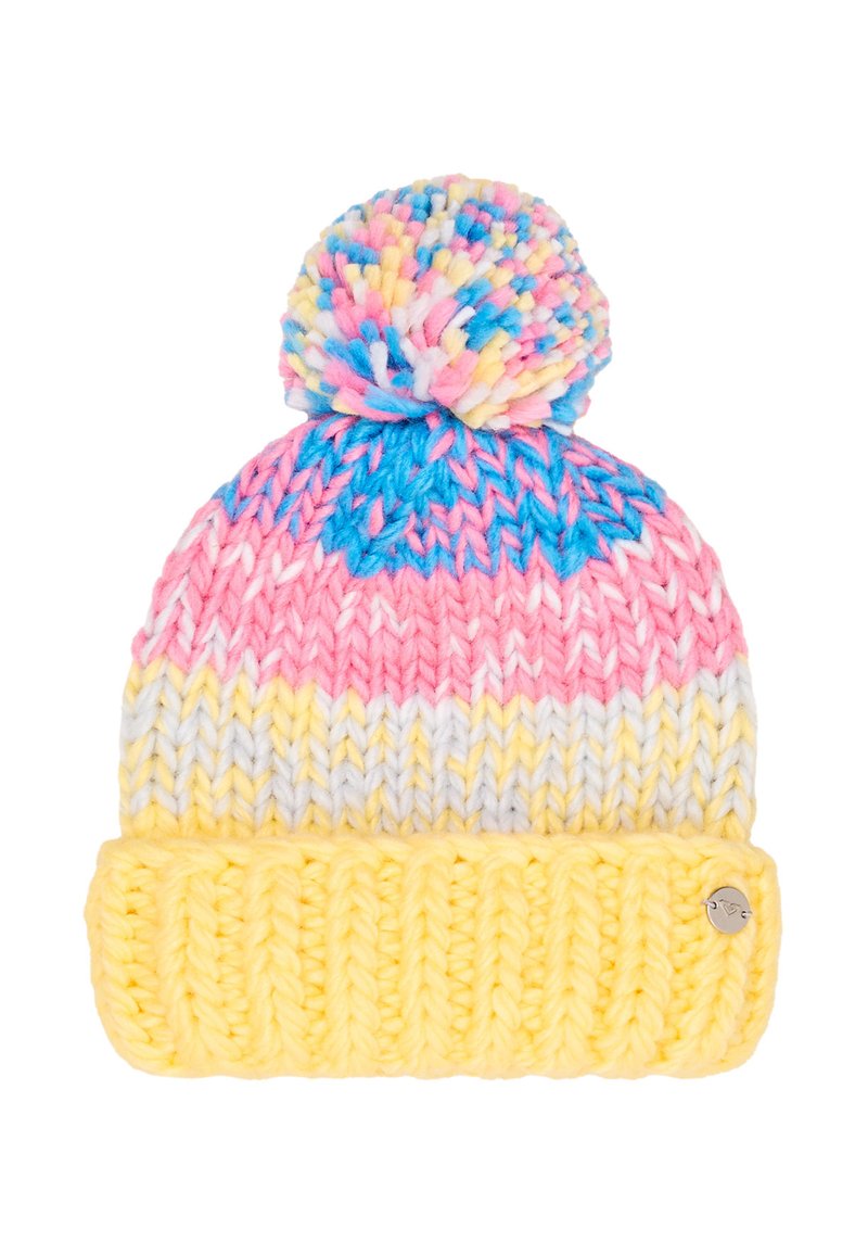 Gorro de punto con una banda ribeteada amarilla, parte superior colorida en rosa, azul y gris, con un pom-pom multicolor en la parte superior.