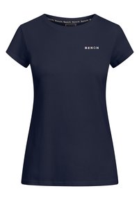 Navy blue short-sleeve t-shirt made of soft fabric, featuring a round neckline and white "BENCH" logo on the chest area.